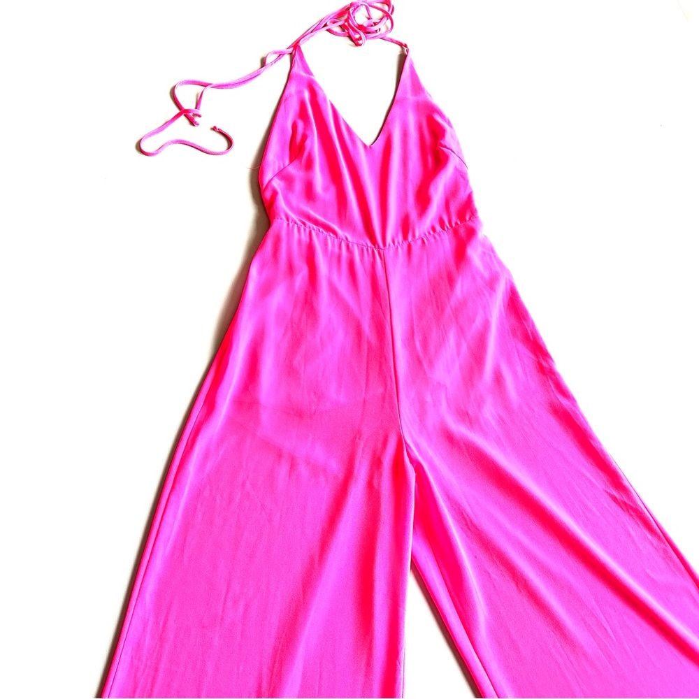 Lush Neon Pink Flowy Sheer Strappy Wide Leg Halter Jumpsuit